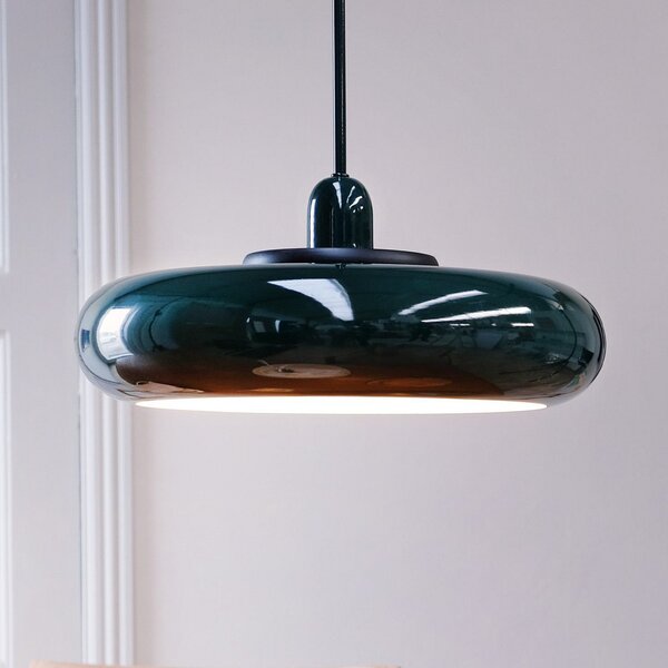 Dyberg Larsen Lampă suspendată Planet, verde închis, Ø 40 cm, metal, reglabil, Verde, Camera de zi / sufragerie, Metal, Design