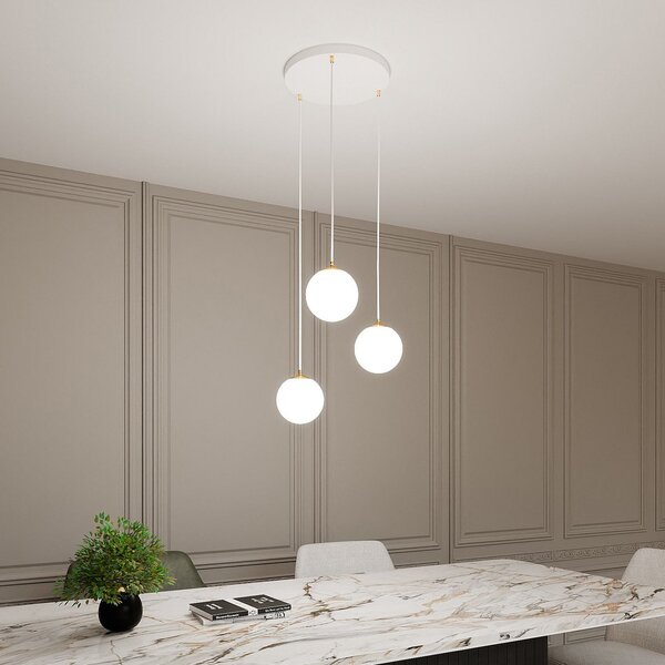 EMIBIG LIGHTING Lampă suspendată Royal, 3 becuri, alb opal/alb, sticlă, E14, reglabil, Alb, Camera de zi / sufragerie, Sticlă, Modern