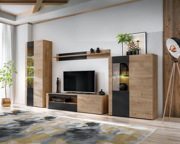 Mobilier living Aruno AR (Stejar ribbeck + Negru) (cu iluminat). 1124133