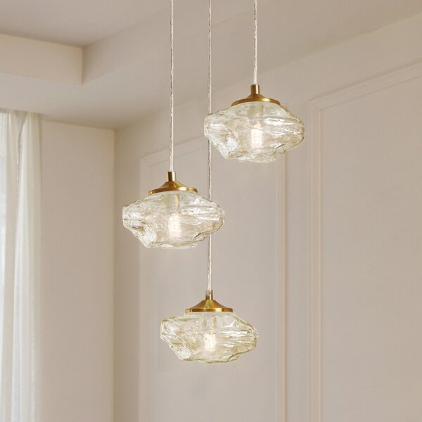 Lindby Lampă suspendată Piatra, Ø25cm, 3 becuri, coniac/zahăr, sticlă, reglabil, Transparent, Camera de zi / sufragerie, Sticlă, Modern