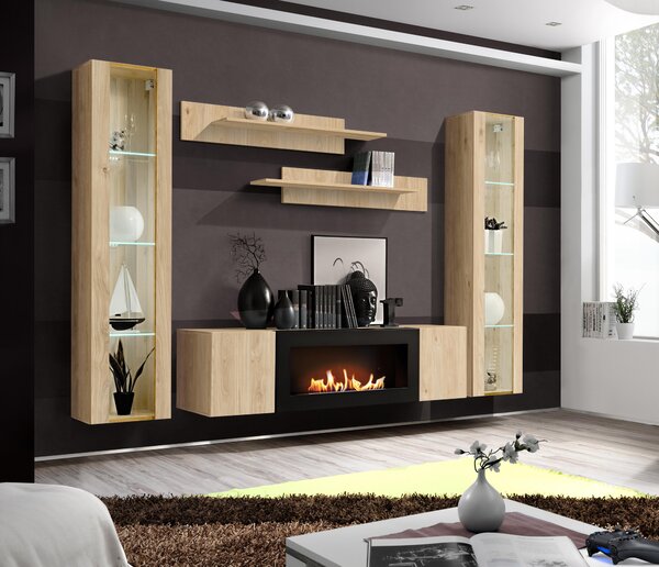 Mobilier living Ferryhill HJ FY M2 (Stejar jackson hickory) (cu iluminat) (cu bioșemineu). 1124177