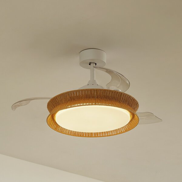 Lucande Ventilator LED Lineta, alb, cablu, Ø 103 cm, silențios, reglabil, Bej, Camera de zi / sufragerie, Lemn, Casă de țară / Rustic