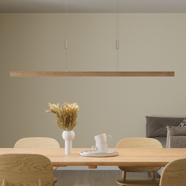 Quitani Lampă suspendată LED Nora, stejar natural, lungime 118 cm, reglabil, Lemn, Camera de zi / sufragerie, Lemn, Modern