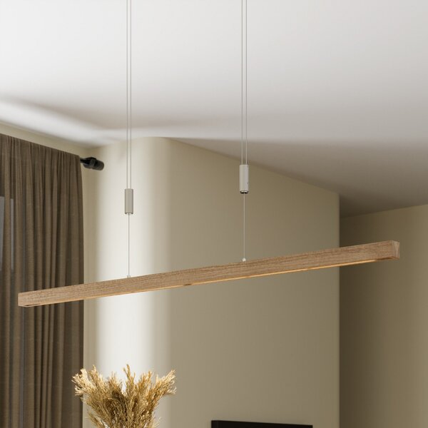 Quitani Lampă suspendată LED Nora, stejar natural, lungime 118 cm, reglabil, Lemn, Camera de zi / sufragerie, Lemn, Modern