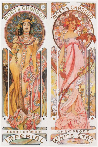 Artă imprimată Moët & Chandon Champagne (Beautiful Pair of Art Nouveau Lady, Advertisement) - Alfons / Alphonse Mucha, (26.7 x 40 cm)