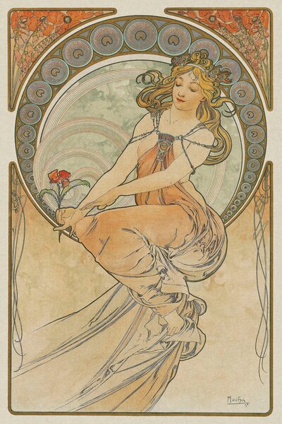 Artă imprimată The Arts 3, Heavily Distressed (Beautiful Vintage Art Nouveau Lady) - Alfons / Alphonse Mucha, (26.7 x 40 cm)