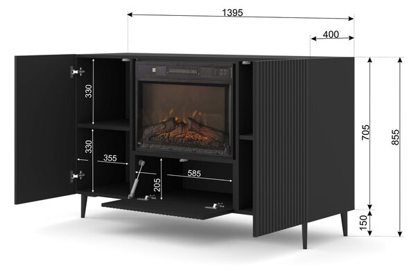 Comodă cu bioșemineu electric 2D1K Rowanna (Negru). 1124992