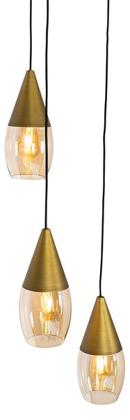 Lampă suspendată modernă aurie cu sticlă chihlimbar 3 lumini - Drop