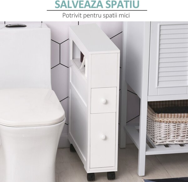 HOMCOM Mobilier Baie din Lemn, Rafturi și 2 Sertare, 16x52x66 cm, Design Modern, Alb | Aosom Romania