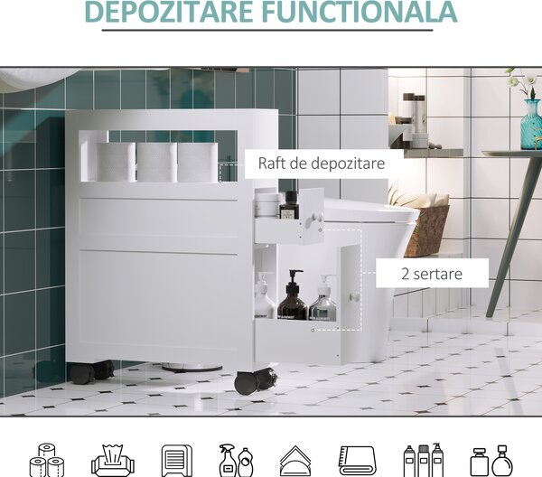 HOMCOM Mobilier Baie din Lemn, Rafturi și 2 Sertare, 16x52x66 cm, Design Modern, Alb | Aosom Romania