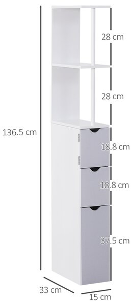 HOMCOM Mobilier Coloană Baie, 2 Compartimente, Ușă, 2 Sertare, MDF și Fier, 15x33x140 cm, Alb și Gri | Aosom Romania