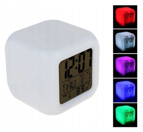Ceas digital LED, 8 melodii, 7 culori, alarma, temperatura, calendar, data