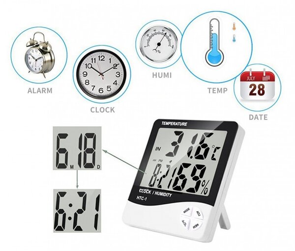Statie meteo cu higrometru, ecran LCD, alarma, afisaj ora, data, calendar