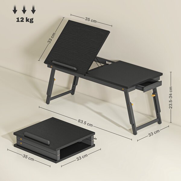 HOMCOM Suport Monitor Inclinabil și Reglabil cu Sertar Lateral, din Lemn, 83,5x33x23,5-34 cm, Negru | Aosom Romania