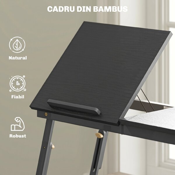 HOMCOM Suport Monitor Inclinabil și Reglabil cu Sertar Lateral, din Lemn, 83,5x33x23,5-34 cm, Negru | Aosom Romania