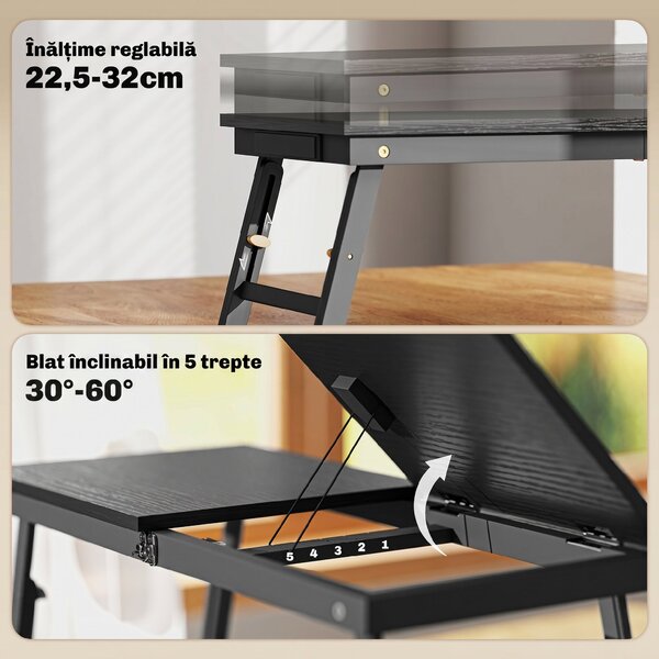 HOMCOM Suport Monitor Inclinabil și Reglabil cu Sertar Lateral, din Lemn, 83,5x33x23,5-34 cm, Negru | Aosom Romania
