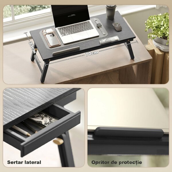 HOMCOM Suport Monitor Inclinabil și Reglabil cu Sertar Lateral, din Lemn, 83,5x33x23,5-34 cm, Negru | Aosom Romania
