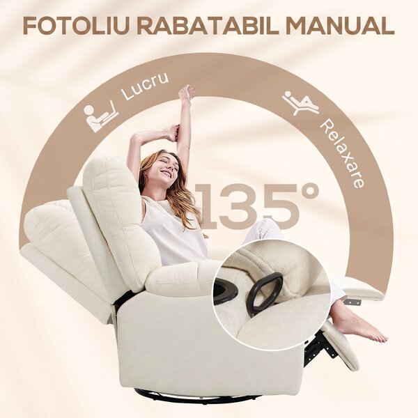 HOMCOM Fotoliu Modern Reclinabil 135° cu Suport pentru Picioare și Suporturi pentru Pahare Bej | Aosom Romania