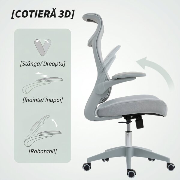 HOMCOM Scaun de birou ergonomic cu cotiere reglabile și tetieră, gri | Aosom Romania