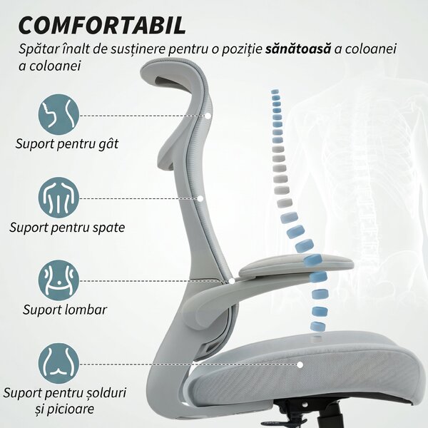 HOMCOM Scaun de birou ergonomic cu cotiere reglabile și tetieră, gri | Aosom Romania