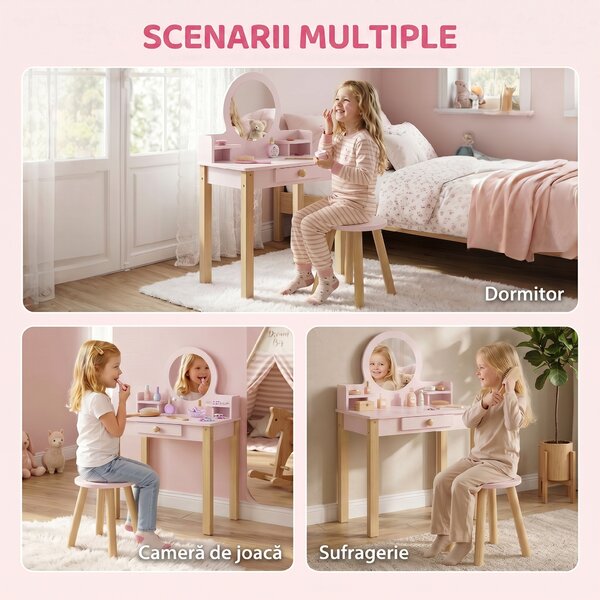 AIYAPLAY Set Masă de Toaletă pentru Fete cu Taburet, Oglindă, Sertar, din Lemn de Pin și MDF, pentru 3-6 Ani, Roz | Aosom Romania
