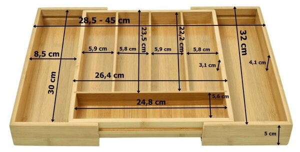 Organizator extensibil pentru tacamuri, lemn bambus, 7 compartimente