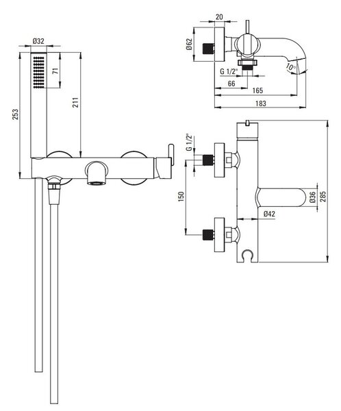 Deante Silia, baterie de cadă cu montare pe perete și set de duș manual, bronz, DEA-BQS_C11M