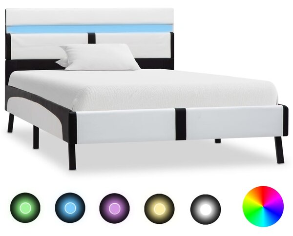 Cadru de pat cu LED, alb și negru, 90x200 cm, piele ecologică