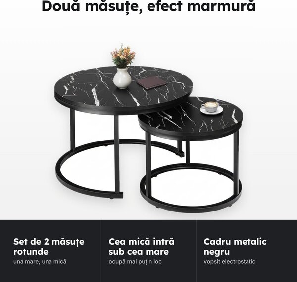 Set 2 măsuțe de cafea rotunde Ø 80/60 cm, efect marmură neagră, cadru metalic negru