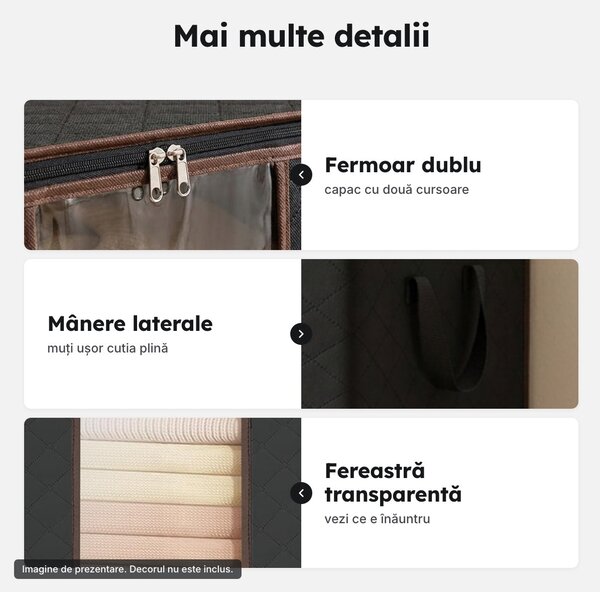 Set 3 cutii textile pliabile, 84 L, 60 × 40 × 35 cm, negre, cu fereastră transparentă