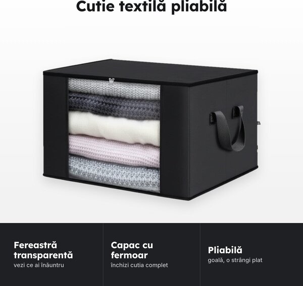 Cutie textilă pliabilă pentru depozitare, cu fereastră transparentă și capac cu fermoar, neagră