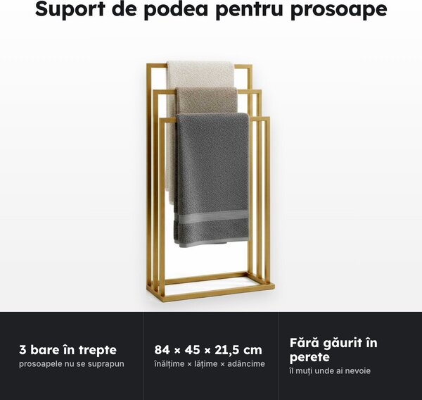 Suport de podea pentru prosoape, 3 bare, 84 × 45 × 21,5 cm, auriu