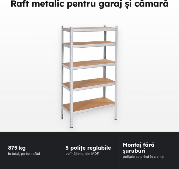 Raft metalic 180 × 90 × 30 cm, 5 polițe din lemn presat, 875 kg, montaj fără șuruburi