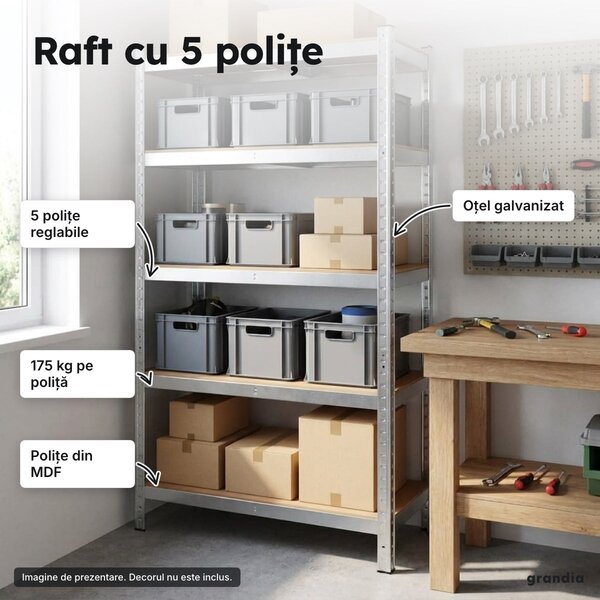 Raft metalic 180 × 90 × 30 cm, 5 polițe din lemn presat, 875 kg, montaj fără șuruburi