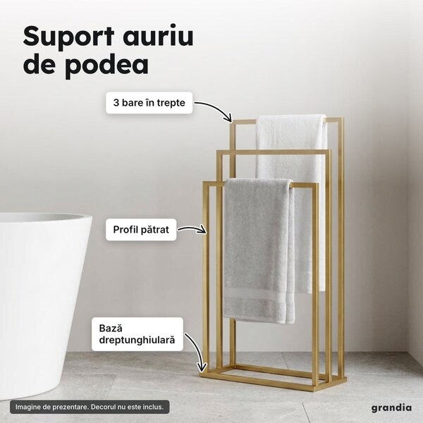 Suport de podea pentru prosoape, 3 bare, 84 × 45 × 21,5 cm, auriu