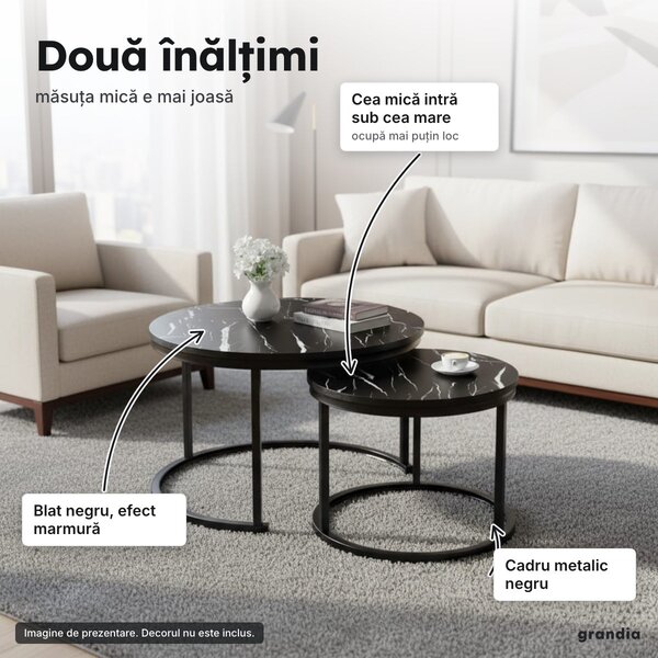 Set 2 măsuțe de cafea rotunde Ø 80/60 cm, efect marmură neagră, cadru metalic negru