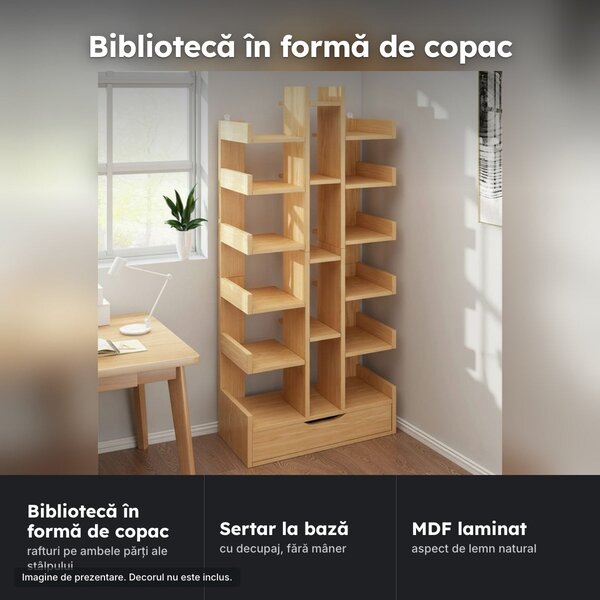 Bibliotecă copac Tree of Knowledge, 17 rafturi și sertar, 160 × 51 cm, aspect lemn