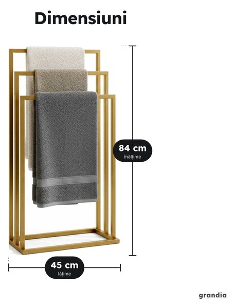 Suport de podea pentru prosoape, 3 bare, 84 × 45 × 21,5 cm, auriu