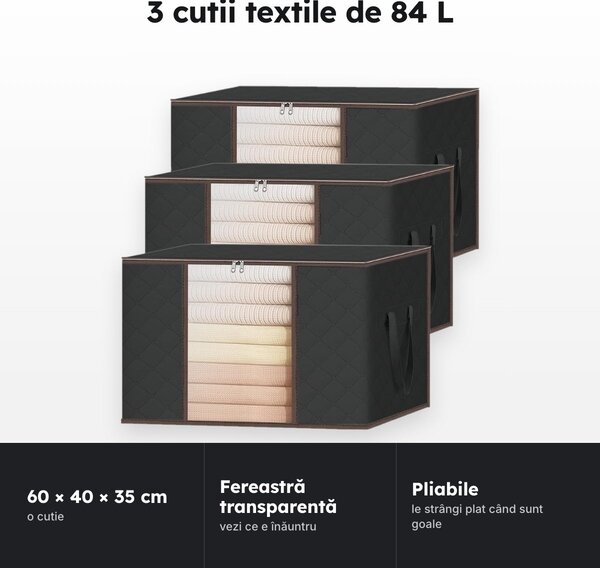 Set 3 cutii textile pliabile, 84 L, 60 × 40 × 35 cm, negre, cu fereastră transparentă