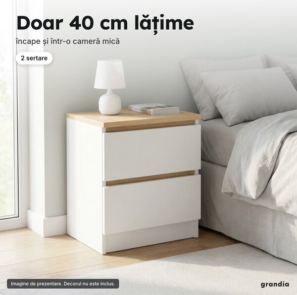 Noptieră cu 2 sertare, 40 × 30 × 41 cm, alb mat cu blat lemn deschis