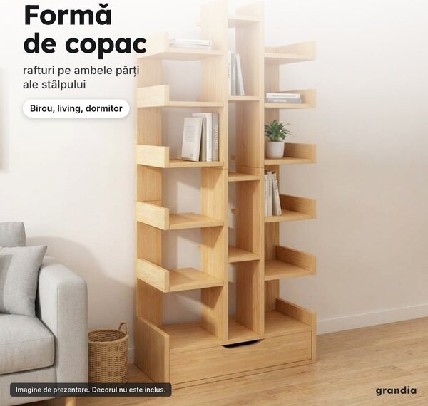 Bibliotecă copac Tree of Knowledge, 17 rafturi și sertar, 160 × 51 cm, aspect lemn