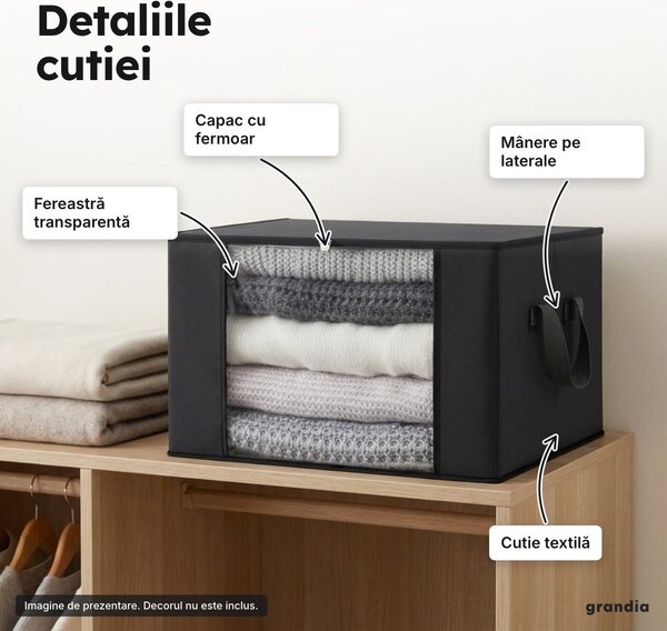 Cutie textilă pliabilă pentru depozitare, cu fereastră transparentă și capac cu fermoar, neagră