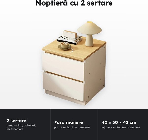 Noptieră cu 2 sertare, 40 × 30 × 41 cm, alb mat cu blat lemn deschis
