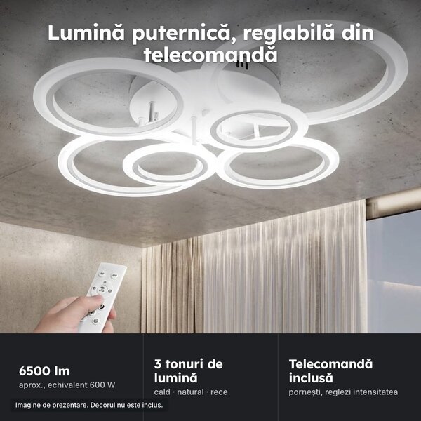 Lustră LED 4+2 cercuri albă, 80 cm, 2 × 56 W, dimabilă, cu telecomandă