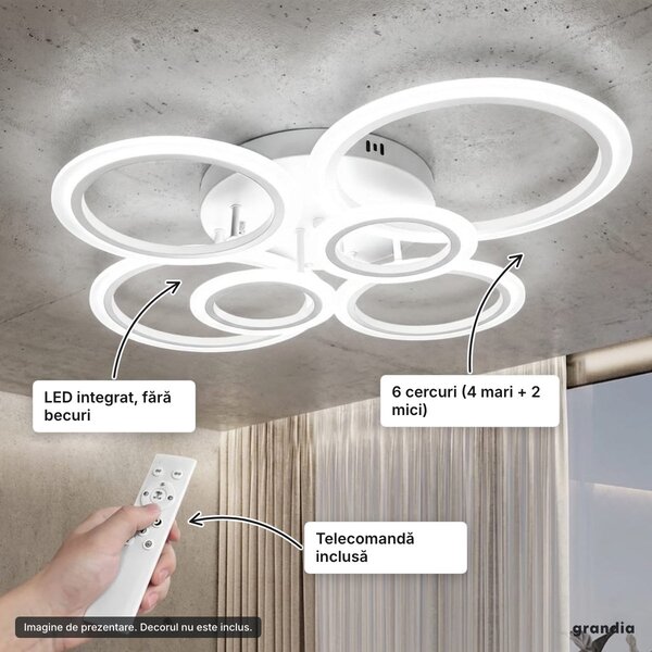 Lustră LED 4+2 cercuri albă, 80 cm, 2 × 56 W, dimabilă, cu telecomandă