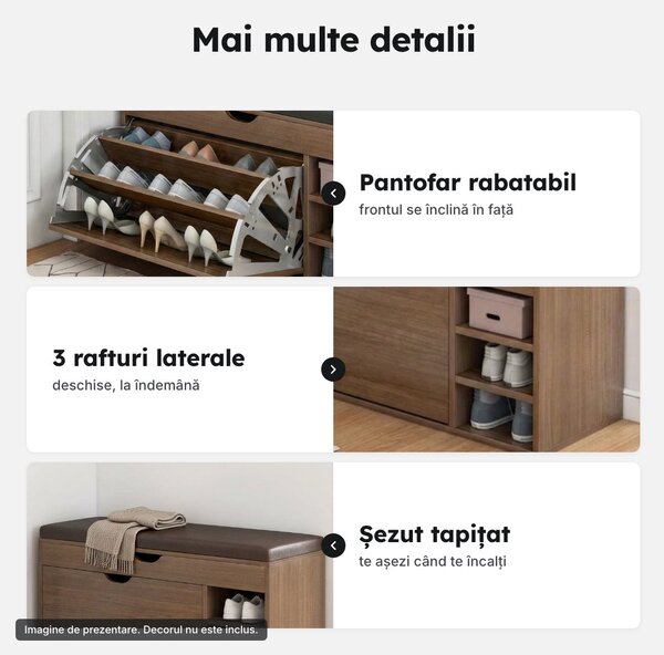 Pantofar banchetă cu șezut tapițat și 3 rafturi, 100 × 34 cm, maro