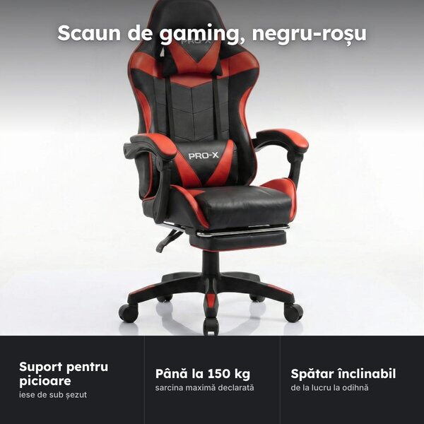 Scaun de gaming PRO-X Comfort cu suport pentru picioare, până la 150 kg, negru-roșu