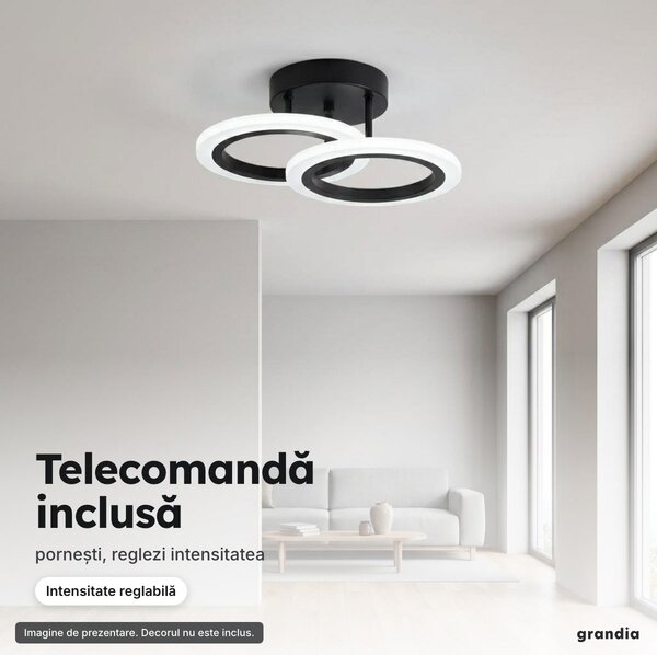 Lustră LED cu două cercuri negre egale, 41 cm, dimabilă cu telecomandă