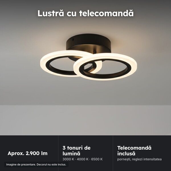 Lustră LED cu două cercuri negre egale, 41 cm, dimabilă cu telecomandă