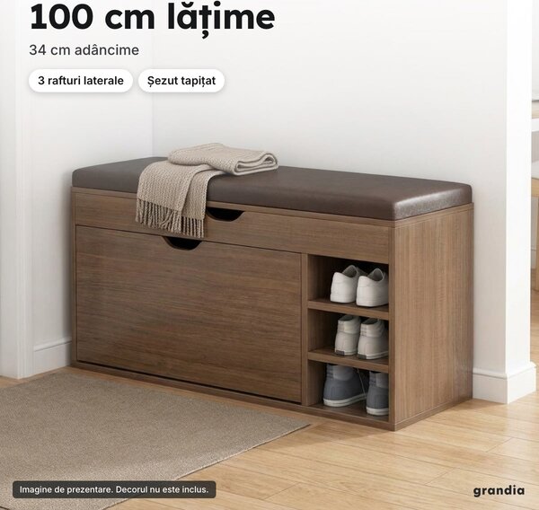 Pantofar banchetă cu șezut tapițat și 3 rafturi, 100 × 34 cm, maro